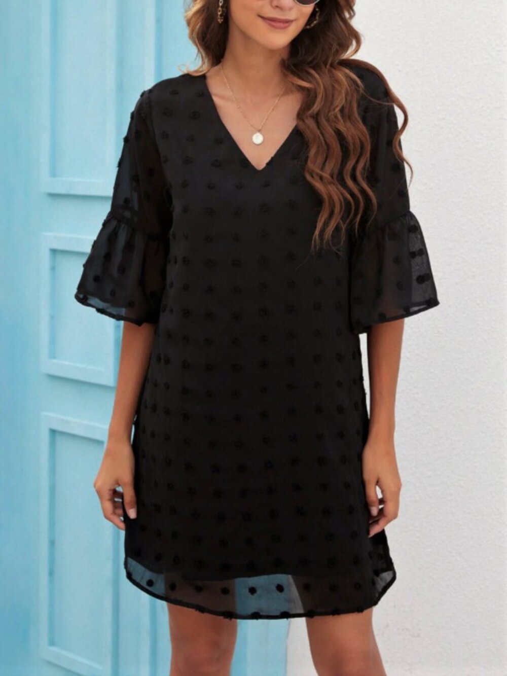 Blooming Jelly XL Black Swiss Dot Chiffon Shift Dress Bell Sleeve